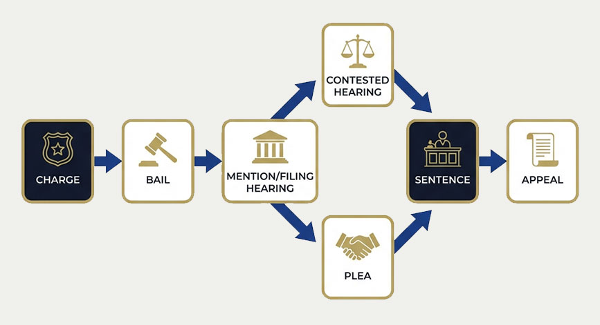 Flowchart of the Victorian criminal justice process: charge, bail, then a mention or filing hearing, which leads to either a contested hearing or a plea, followed by sentencing and the right to appeal.